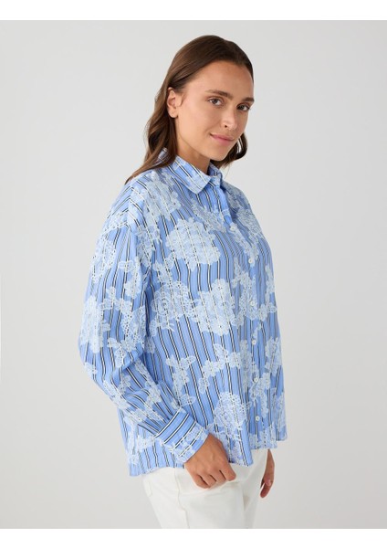 Mavi Uzun Kollu Floral Desenli Dokuma Gömlek modelleri