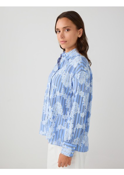 Mavi Uzun Kollu Floral Desenli Dokuma Gömlek fırsatları