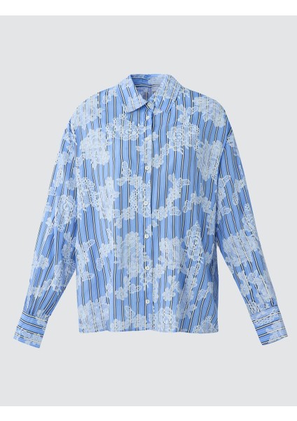 Mavi Uzun Kollu Floral Desenli Dokuma Gömlek