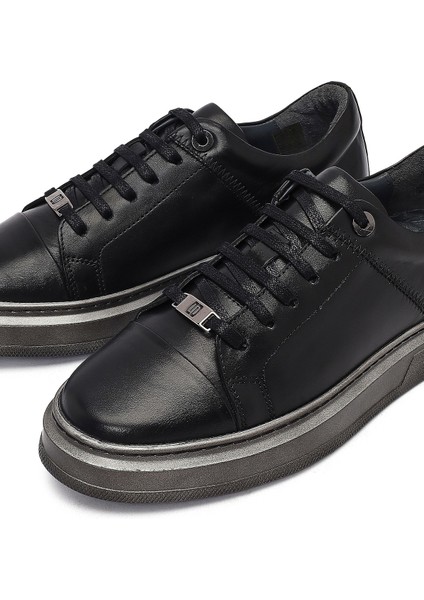 Erkek Siyah Bağcıklı Deri Sneaker 25WFD654318