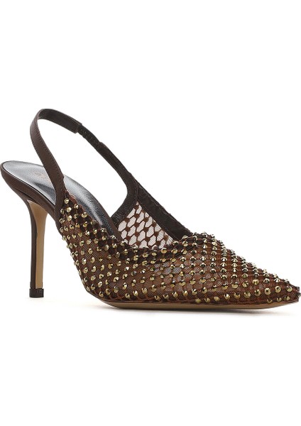 Kadın Bronz Taşlı Arkası Açık Ince Topuklu Deri Ayakkabı 25AFD1207TS