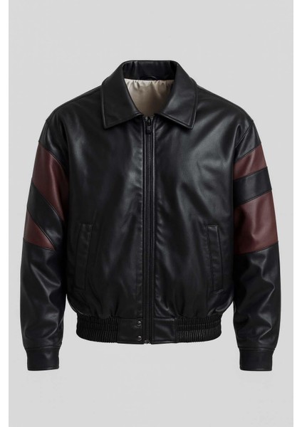 Burton Kolları Garnili Çıtçıtlı Fermuarlı Deri Görünümlü Erkek Ceket - Bordo Siyah