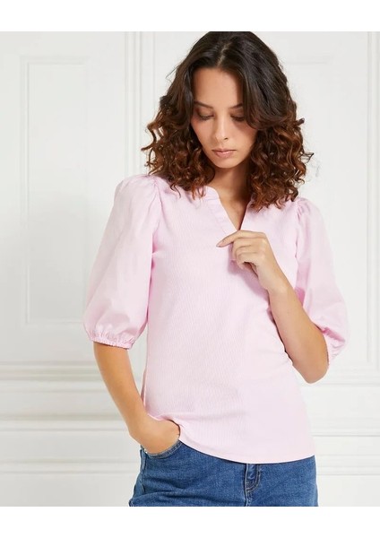 Kadın Pudra V Yaka Balon Kol Bluz, Kadın Bluz