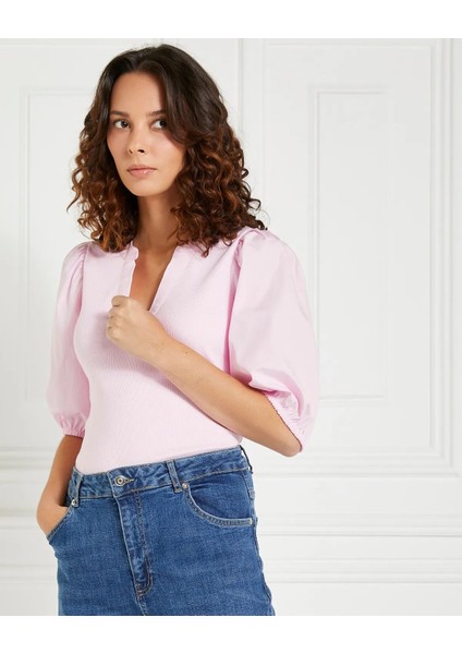 Kadın Pudra V Yaka Balon Kol Bluz, Kadın Bluz fiyatları