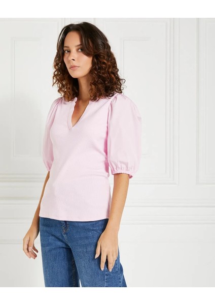 Kadın Pudra V Yaka Balon Kol Bluz, Kadın Bluz modelleri