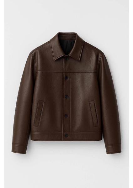 Denzel Düğmeli Yan Cepli Deri Görünümlü Erkek Ceket - Kahve