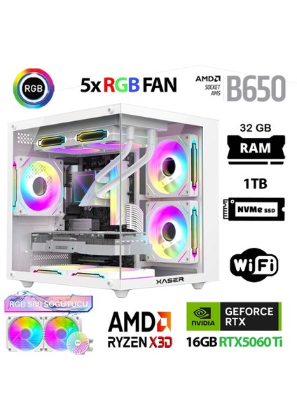 Cube X230 Ryzen 7 7800X3D 32GB Ddr5 Ram 1tb M.2 Nvme SSD 16GB RTX5060 Ti Sıvı Soğutmalı Masaüstü Oyuncu Bilgisayarı
