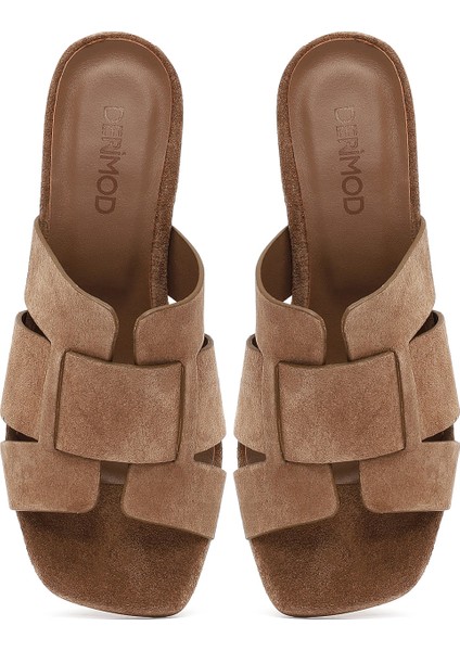 Kadın Vizon Kalın Kısa Topuklu Süet Deri Terlik 25SFD141210