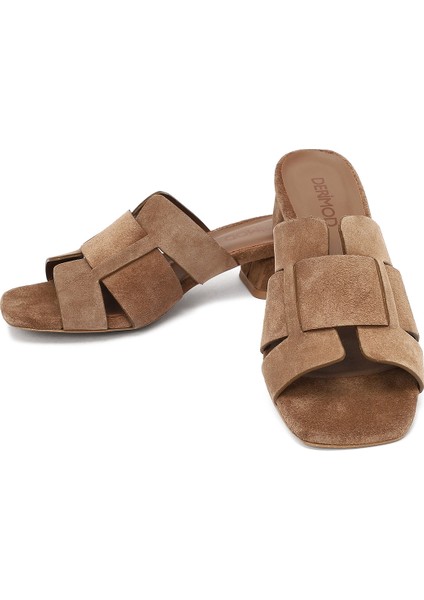 Kadın Vizon Kalın Kısa Topuklu Süet Deri Terlik 25SFD141210