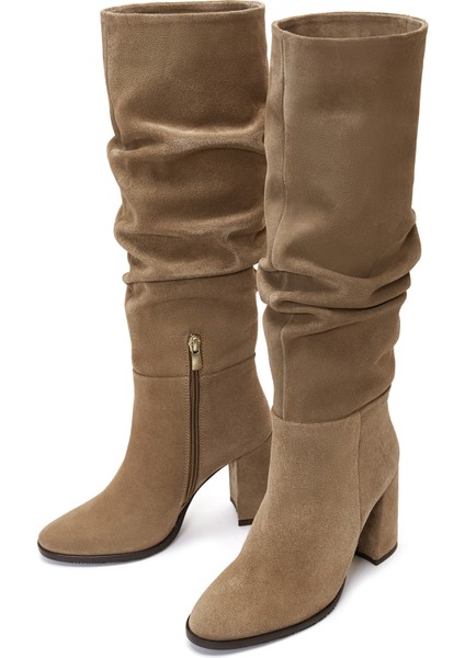 Kadın Taba Fermuarlı Kalın Topuklu Süet Deri Çizme 25WFD281110 fırsatları