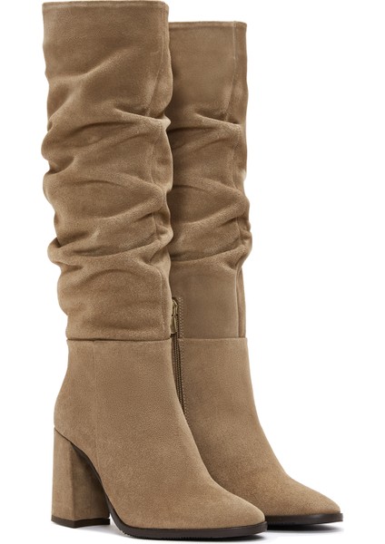 Kadın Taba Fermuarlı Kalın Topuklu Süet Deri Çizme 25WFD281110