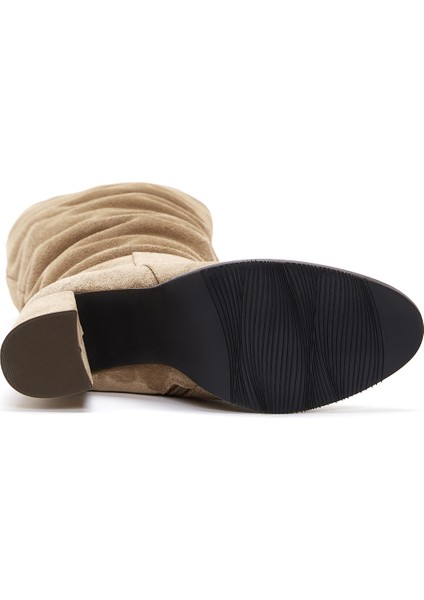 Kadın Taba Fermuarlı Kalın Topuklu Süet Deri Çizme 25WFD281110