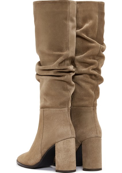 Kadın Taba Fermuarlı Kalın Topuklu Süet Deri Çizme 25WFD281110