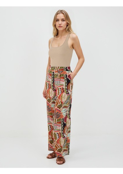 Yeşil Yüksek Bel Bol Paça Uzun Desenli Pantolon