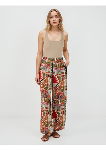 Yeşil Yüksek Bel Bol Paça Uzun Desenli Pantolon fiyatları