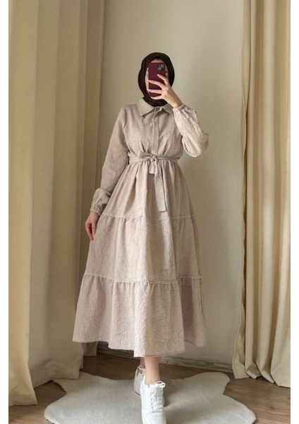 Kadın Gömlek Yaka Yarım Düğme Detay Kendinden Kırışık Monaka Tesettür Elbise