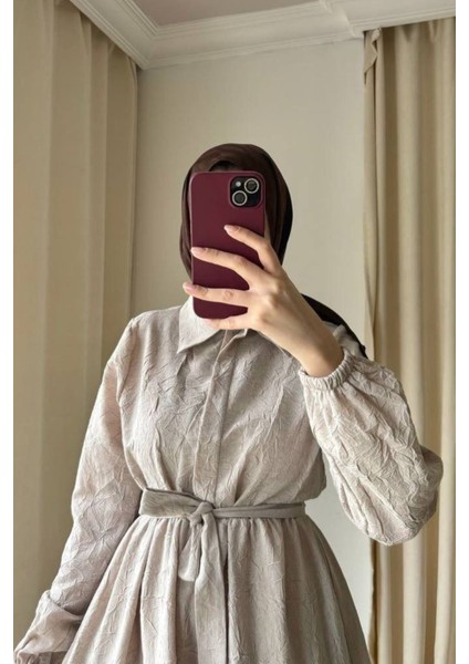 Kadın Gömlek Yaka Yarım Düğme Detay Kendinden Kırışık Monaka Tesettür Elbise fiyatları