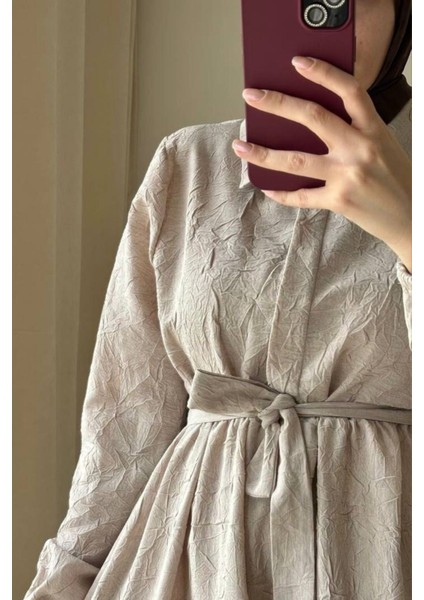 Kadın Gömlek Yaka Yarım Düğme Detay Kendinden Kırışık Monaka Tesettür Elbise modelleri