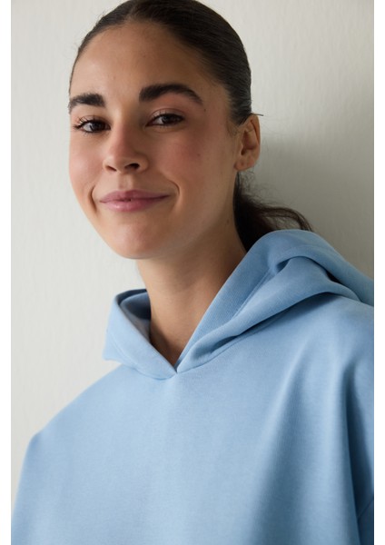Mavi Oversize Kapüşonlu Aktif Sweatshirt