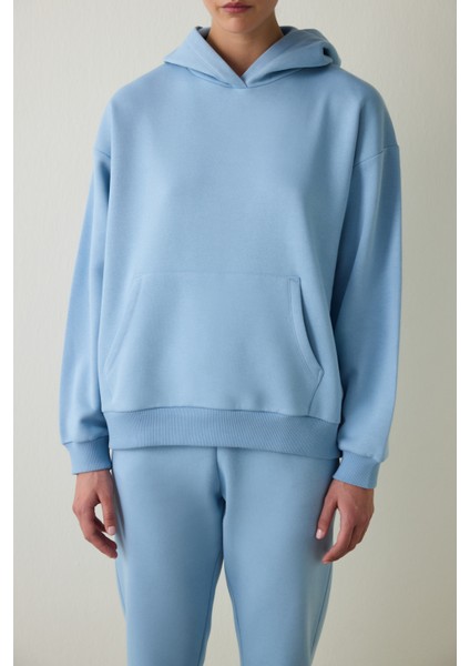 Mavi Oversize Kapüşonlu Aktif Sweatshirt