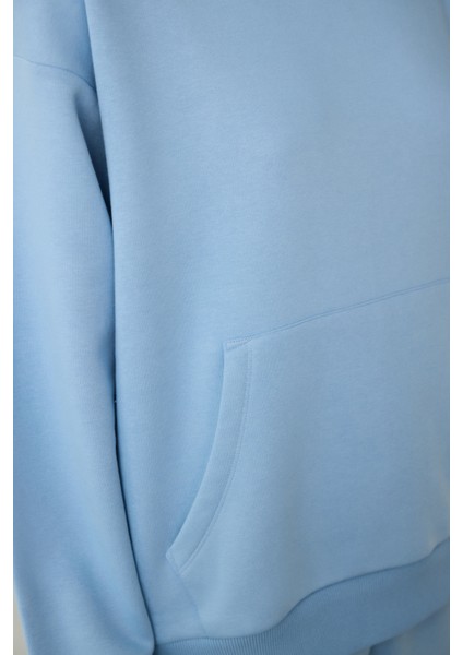 Mavi Oversize Kapüşonlu Aktif Sweatshirt