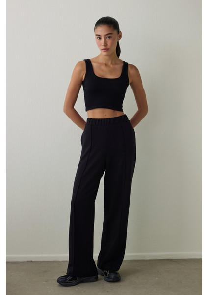 Siyah Yüksek Bel Geniş Paça Nervürlü Jogger Eşofman Altı fırsatları