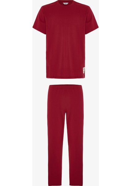 Bordo Erkek Slogan Baskılı Kısa Kollu Pamuklu Pijama Takımı