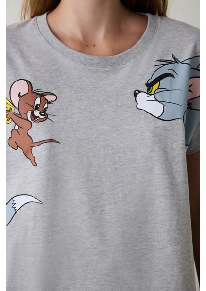 Gri Melanj Tom & Jerry Baskılı Pamuklu Kısa Kollu Pijama Takımı modelleri