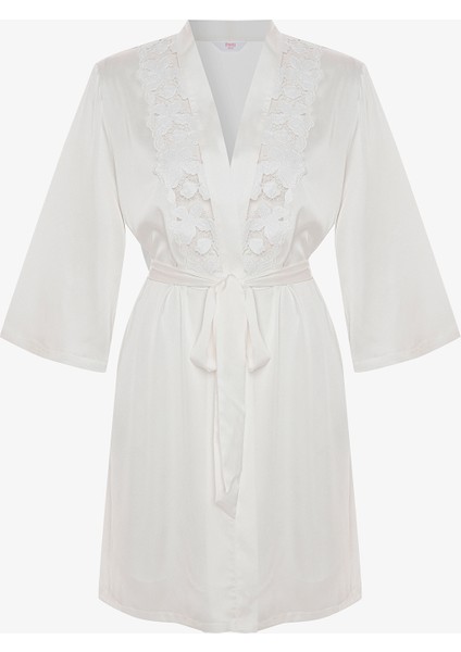 Kırık Beyaz Bridal Dantelli Gelin Sabahlık
