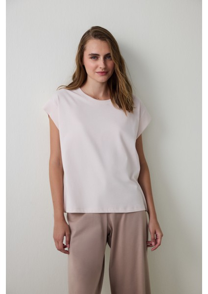 Bej Weekend Time Bisiklet Yaka Pamuklu Kısa Kollu Pijama Üstü