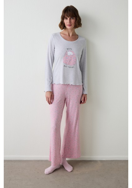 Açık Gri Melanj Not Today Baskılı U Yaka Uzun Kollu Pijama Üstü