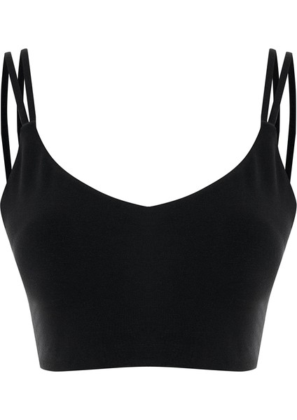 Siyah Pamuk Modal Karışımlı Sırtı Pencereli Spor Sütyeni
