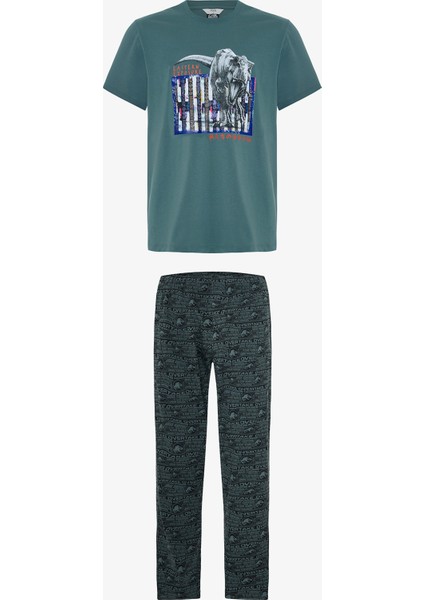 Erkek Jurassic Slogan Baskılı Kısa Kollu Pijama Takımı