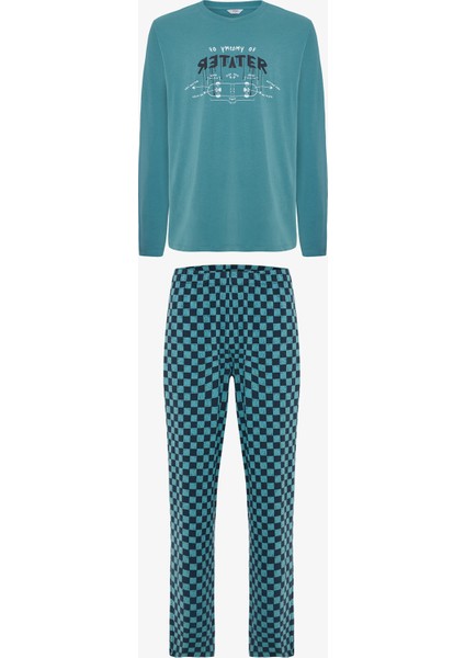 Erkek Skater Slogan Baskılı Bisiklet Yaka Pamuklu Pijama Takımı