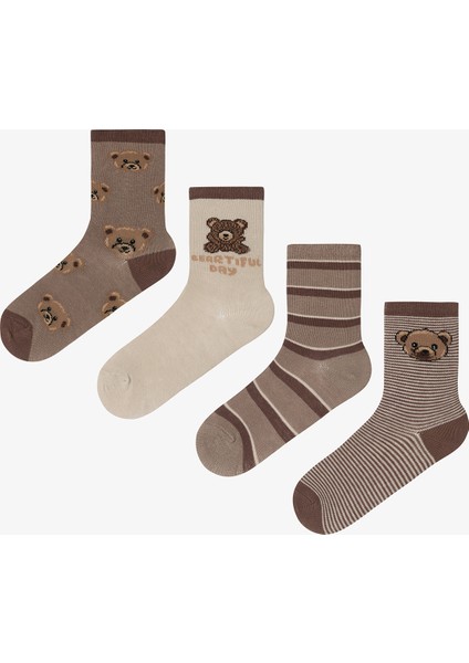 Erkek Çocuk Latte Teddy Ayı Desenli Pamuklu 4'lü Soket Çorap fiyatları