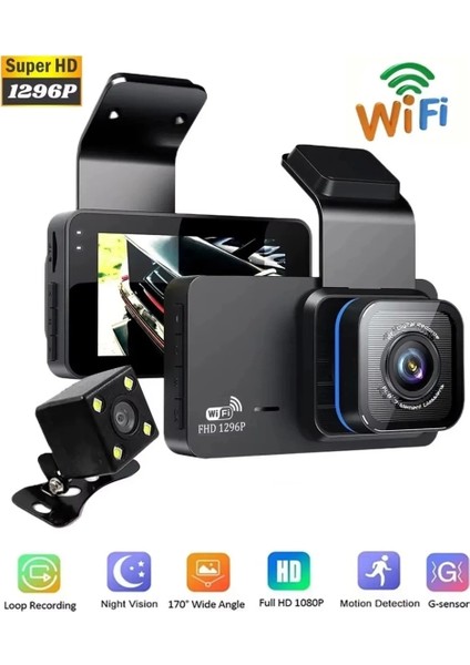 Araç Içi Kamera Wifi Özellikli Ekranlı Ön ve Geri Görüş Kameralı Mikrofonlu 3 Inç Hd