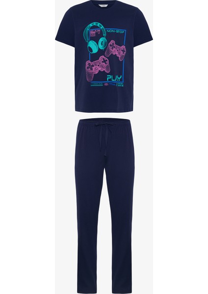 Erkek Nons Slogan Baskılı Pamuklu Pijama Takımı