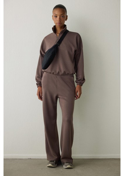 Haki Silky Feel Dik Yaka Crop Sweatshirt