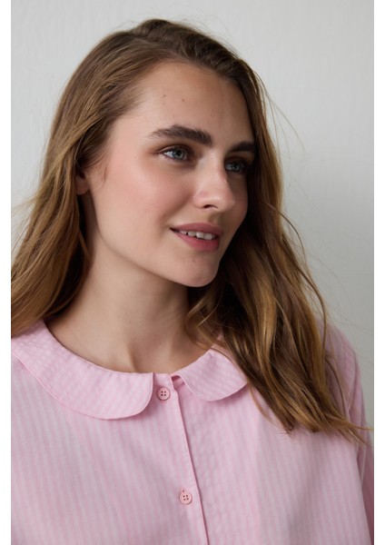 Açık Pembe Çizgili Bağlama Detaylı Pamuklu Gömlek Yaka Pijama Takımı modelleri