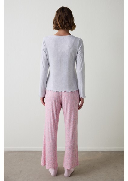 Açık Gri Melanj Not Today Baskılı U Yaka Uzun Kollu Pijama Üstü fırsatları