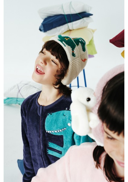 Koyu Indigo Erkek Çocuk Dino Fermuarlı Pijama Tulumu