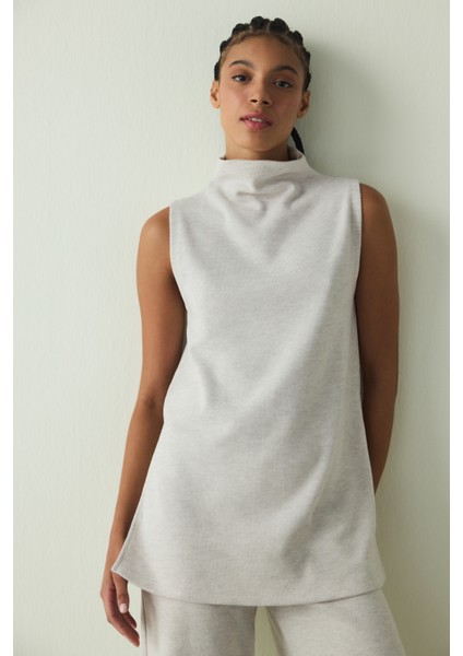 Bej Melanj Bisiklet Yaka Oversize Kolsuz Üst fiyatları