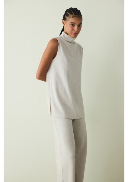 Bej Melanj Bisiklet Yaka Oversize Kolsuz Üst