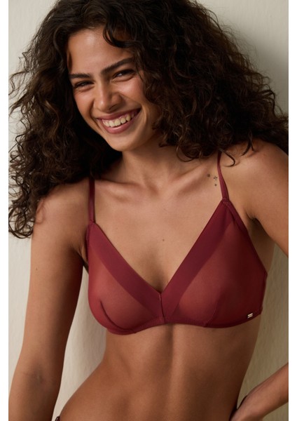 Bordo File Detaylı Balensiz Kapsız Üçgen Sütyen modelleri