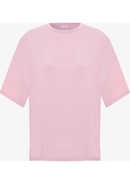 Lila Bisiklet Yaka Dikiş Detaylı Modal Oversize Tişört