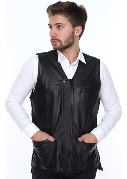 Hakiki Deri Siyah Leonel Gizli Fermuarlı Erkek Deri Yelek