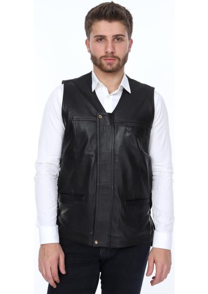 Hakiki Deri Siyah Leonel Gizli Fermuarlı Erkek Deri Yelek modelleri