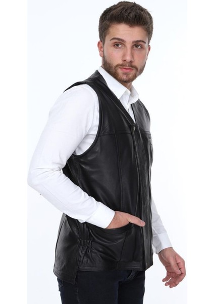 Hakiki Deri Siyah Leonel Gizli Fermuarlı Erkek Deri Yelek indirimleri