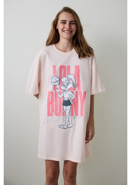 Açık Pembe Looney Tunes Lola Bunny Kısa Kollu Termal Etkisi Gecelik