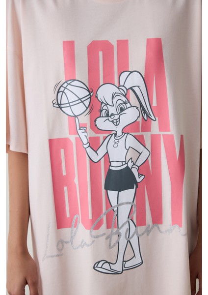 Açık Pembe Looney Tunes Lola Bunny Kısa Kollu Termal Etkisi Gecelik modelleri